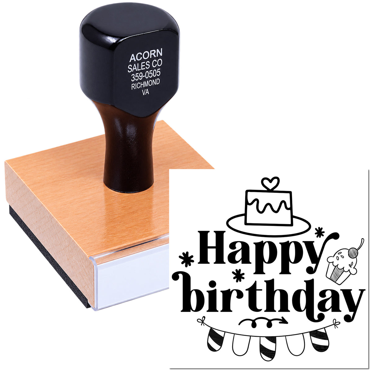 Happy birthday rubber stamp on wood block, ideal for greeting cards, crafts, and custom birthday packaging.