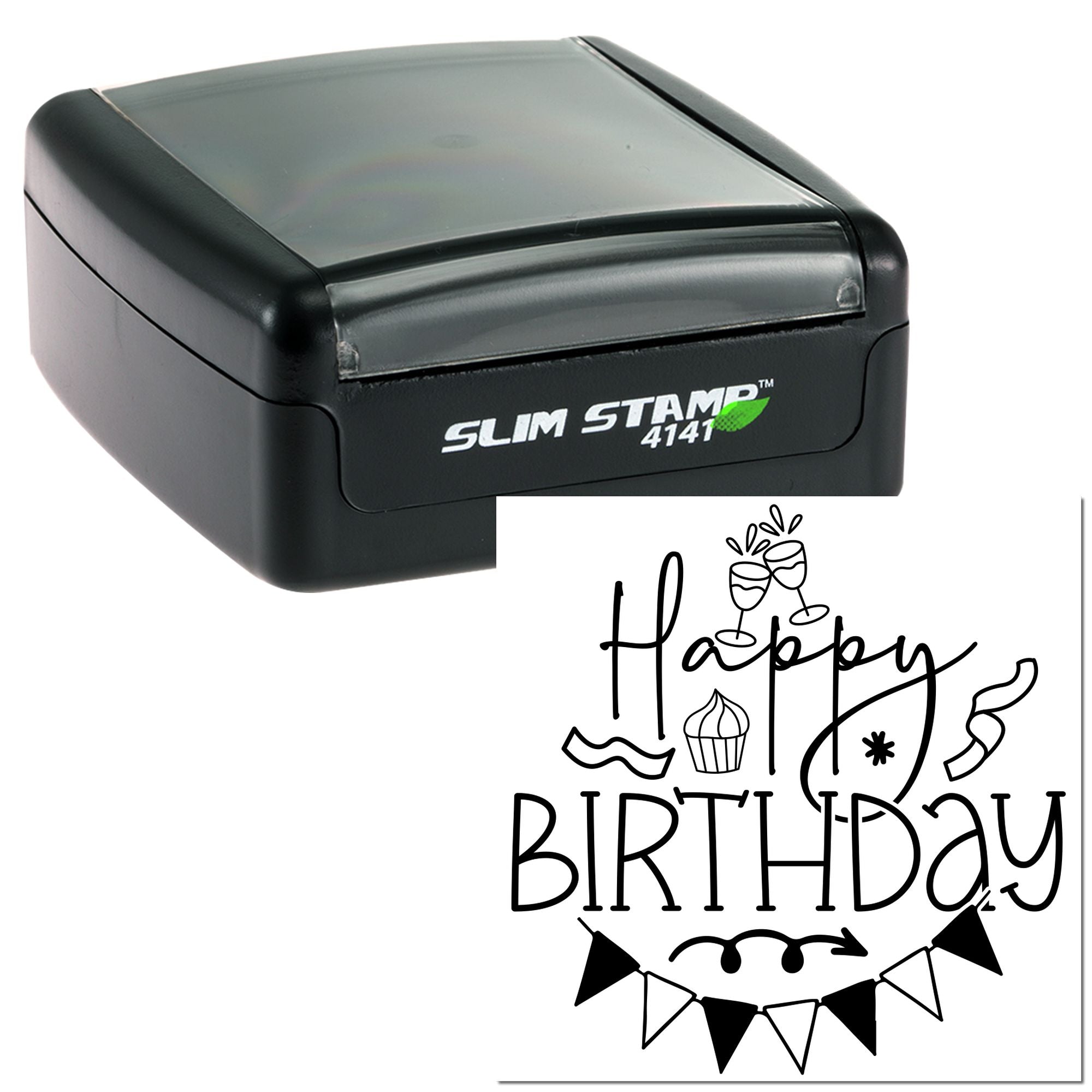 Happy Birthday self-inking rubber stamp design with Slim Stamp 4141, featuring party icons for greeting cards and crafts.