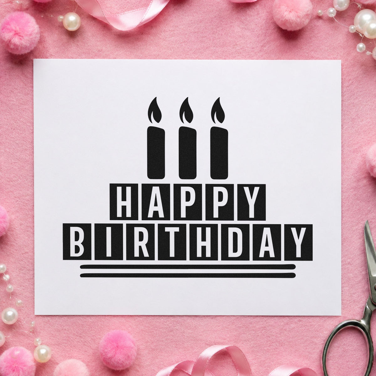 Birthday Block Candle Cake craft stamp in black ink on cardstock, an easy option for team year album page.