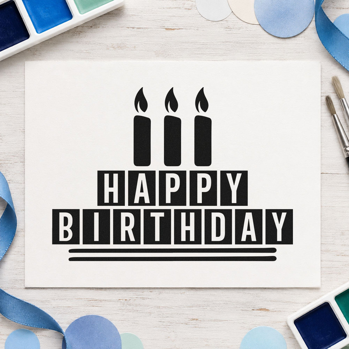 Birthday Block Candle Cake craft stamp imprint in black ink on a handmade project, one idea being team gift tags.