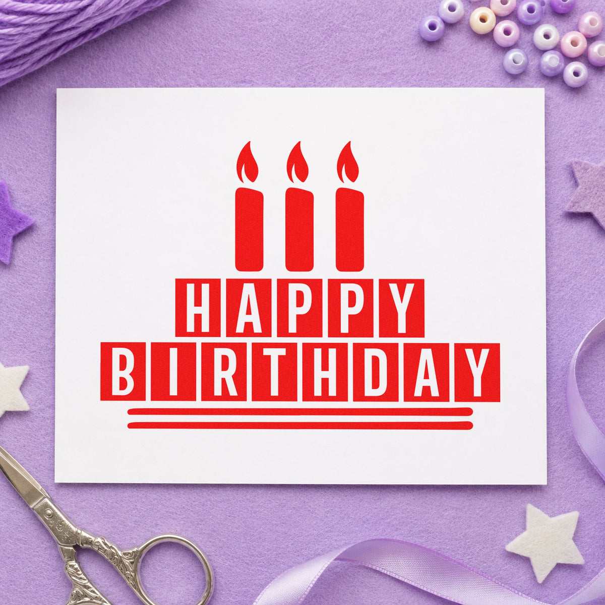 Birthday Block Candle Cake rubber stamp shown in red ink, stamped for projects such as bin party labels.
