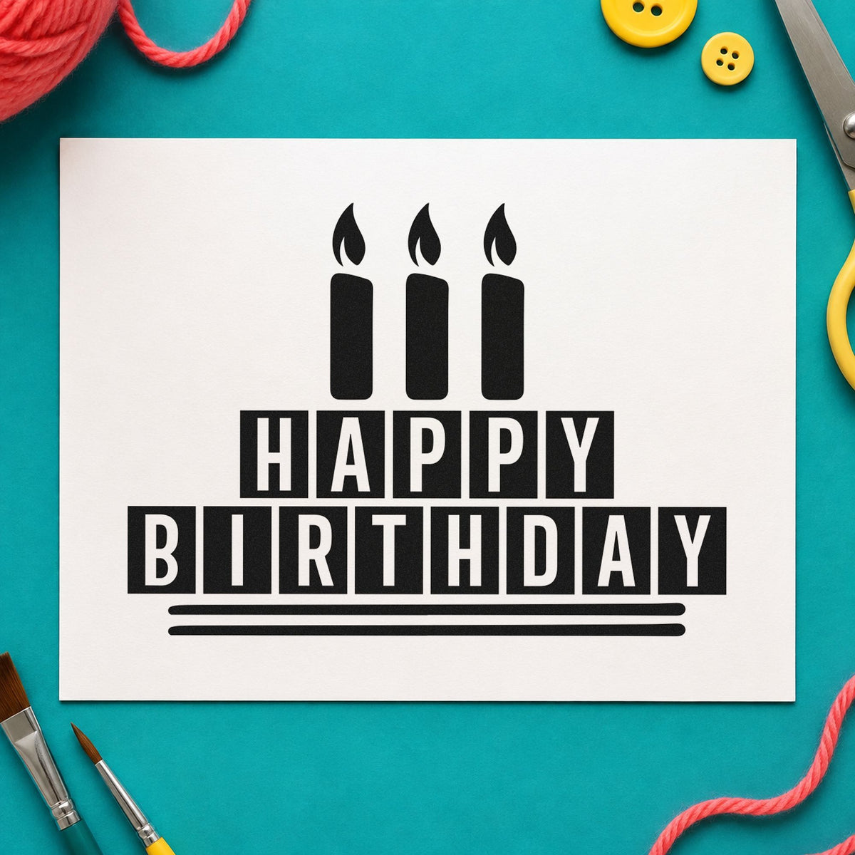 Birthday Block Candle Cake rubber stamp printed in black ink, ready for stepped block cards and similar paper crafts.
