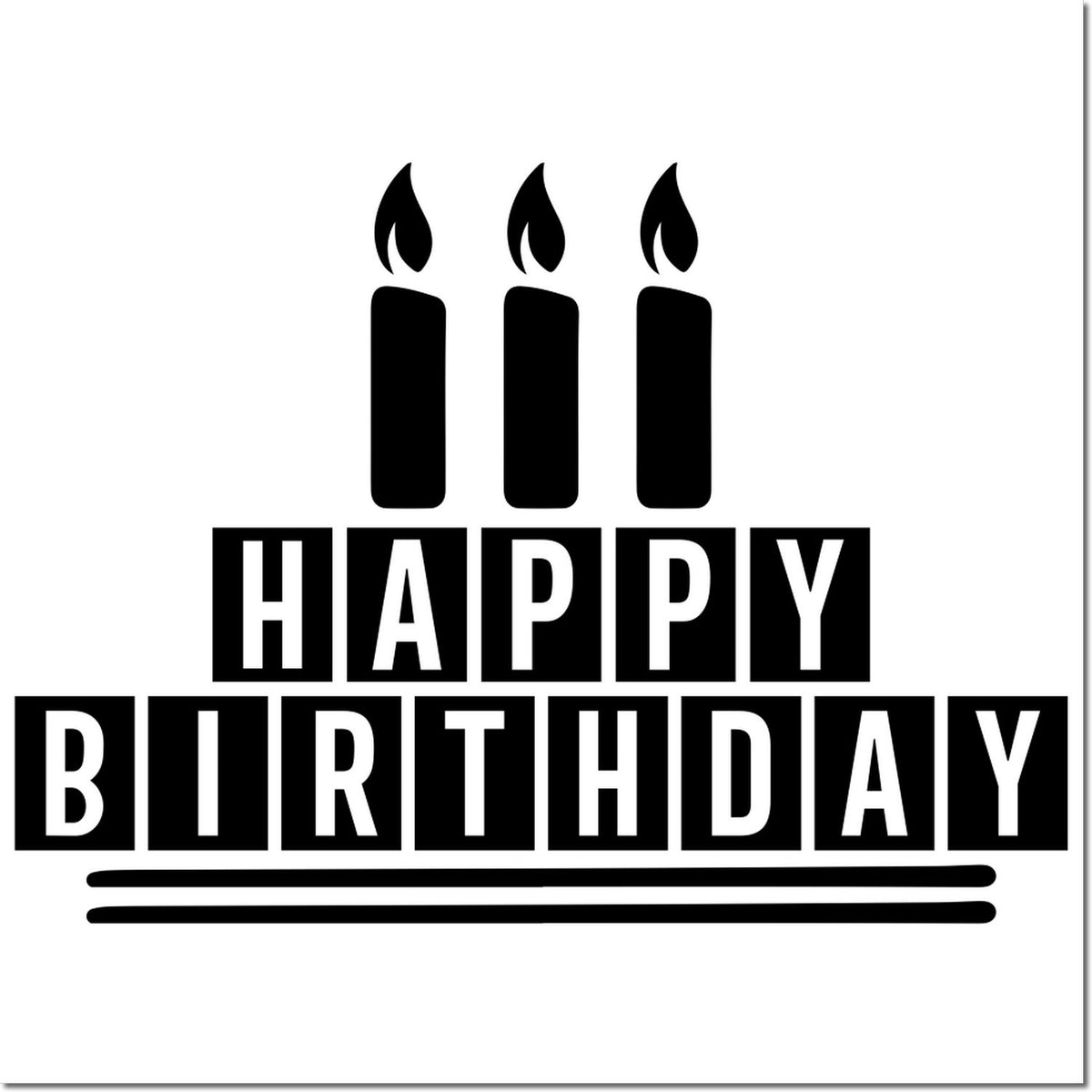 Happy Birthday rubber stamp design with three candles, ideal for birthday cards, invitations, and craft projects.