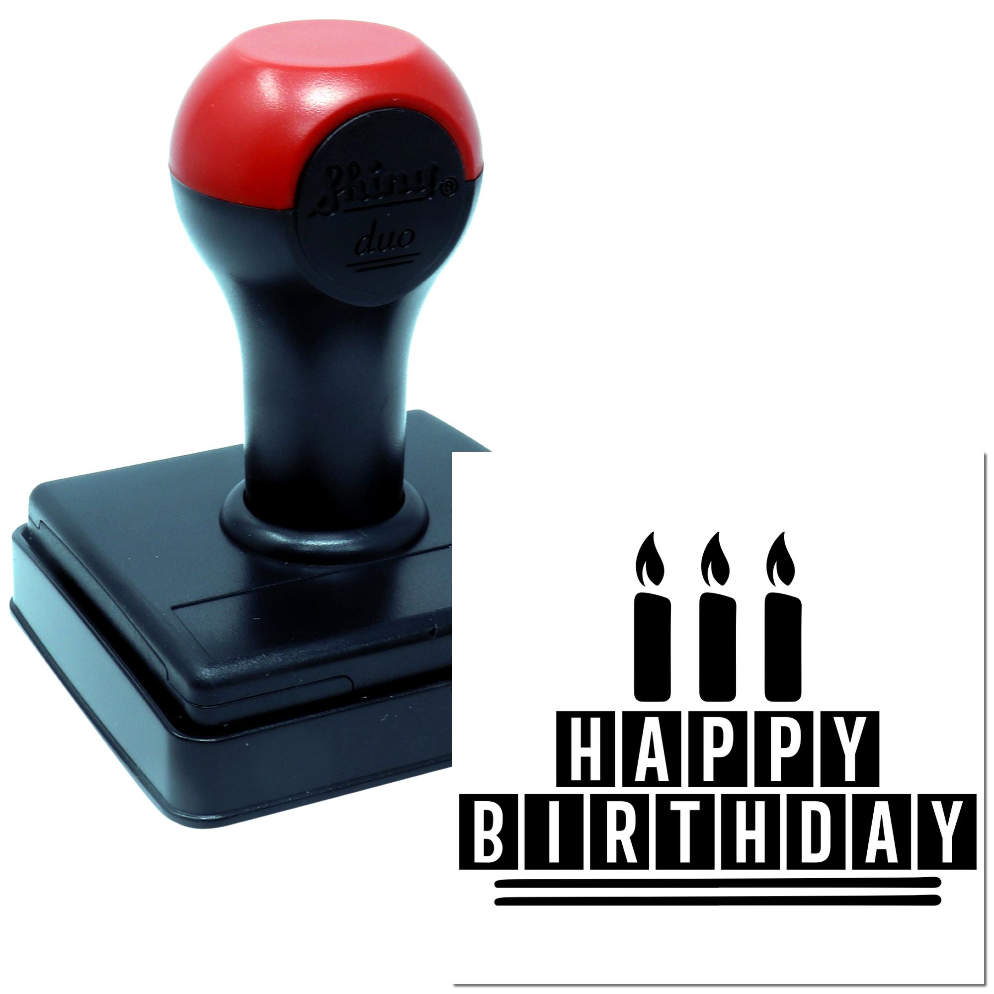 Happy Birthday self-inking rubber stamp with three candles, ideal for greeting cards, party invites, and scrapbook projects.