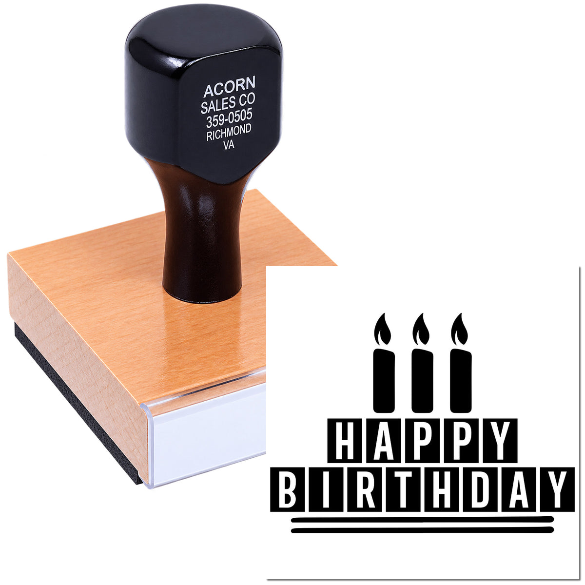 Custom Happy Birthday rubber stamp on a wood-mounted block for cards, crafts, and party packaging.