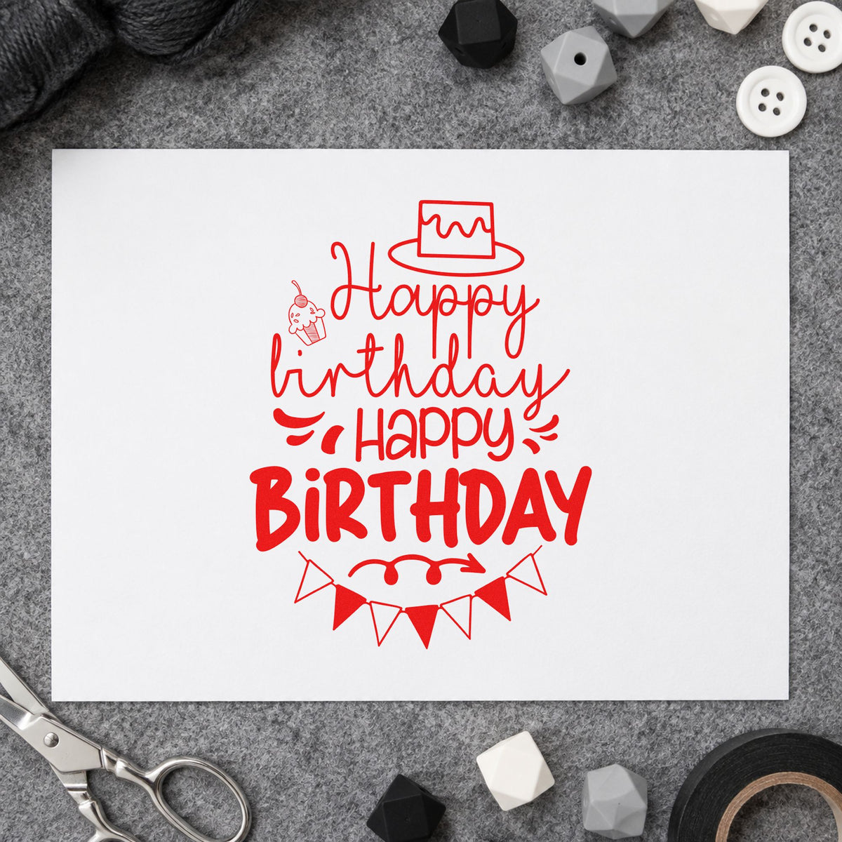 Repeated Birthday Cake Bunting rubber stamp shown in red ink, stamped for projects such as bin prop labels.