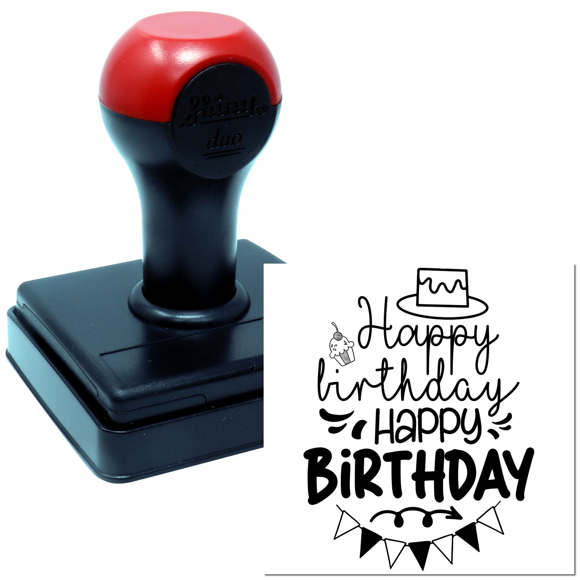 Self-inking rubber birthday stamp with Happy Birthday design for card making, scrapbooking, and party crafts.