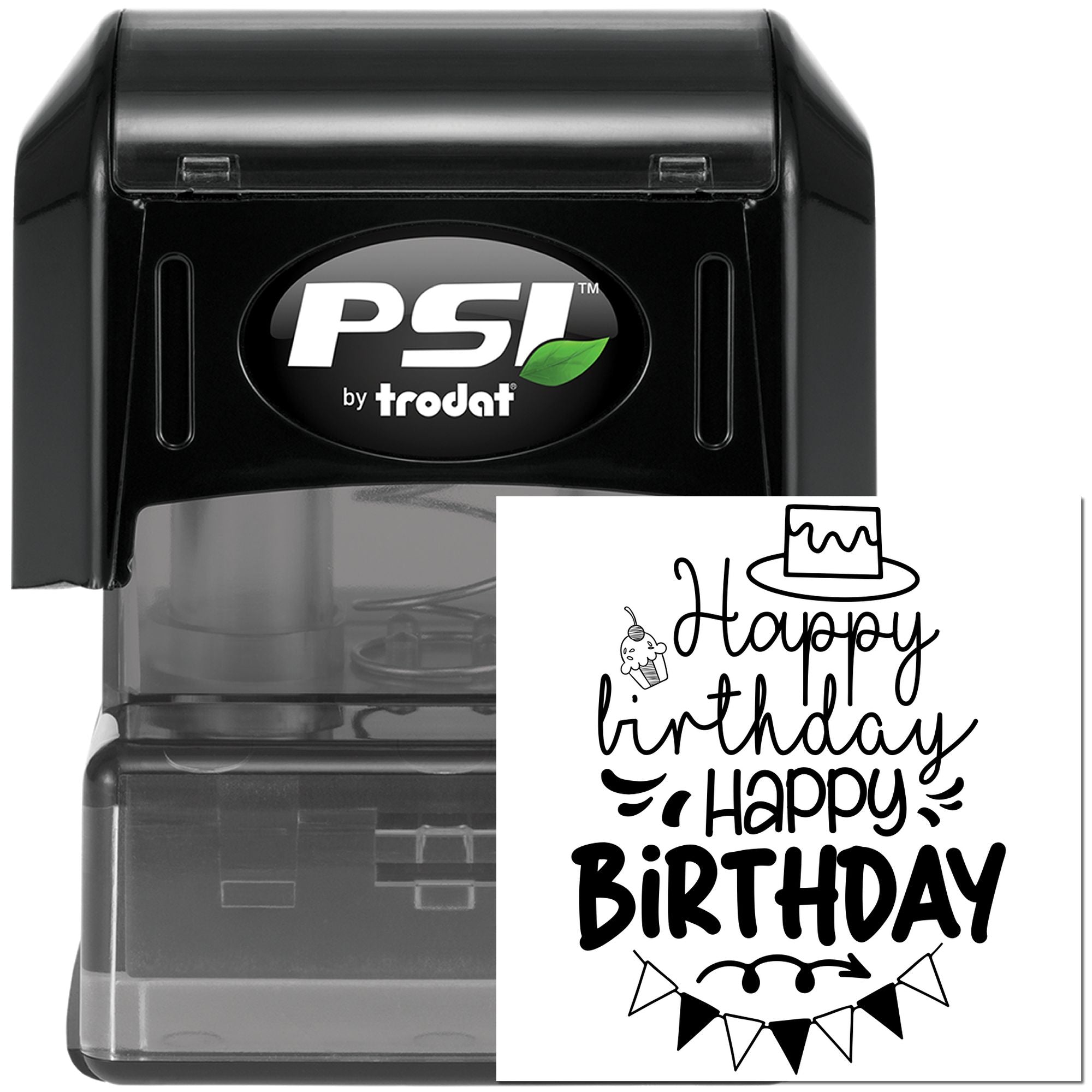 PSI by Trodat self-inking rubber stamp with Happy Birthday design for custom birthday cards, crafts, and party invitations.
