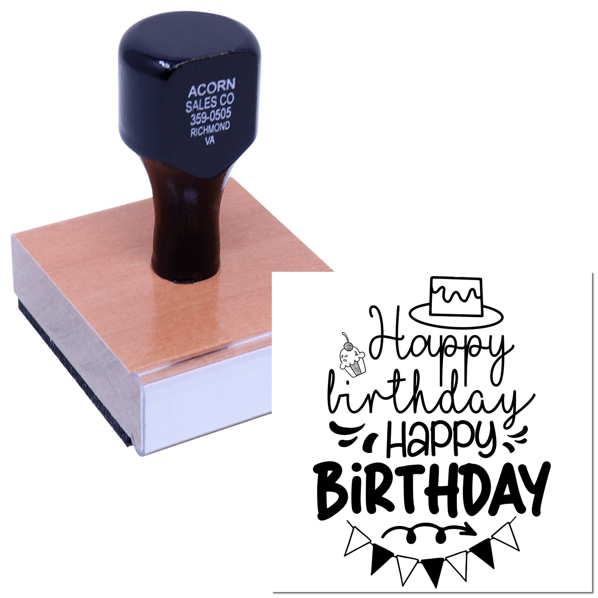 Custom birthday rubber stamp with Happy Birthday design for cards, scrapbooking, gift tags, and party crafts.
