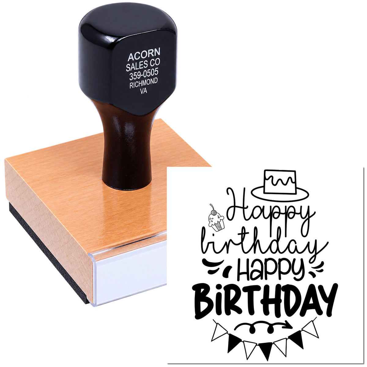 Custom birthday rubber stamp with Happy Birthday design for cards, scrapbooking, gift tags, and party crafts.