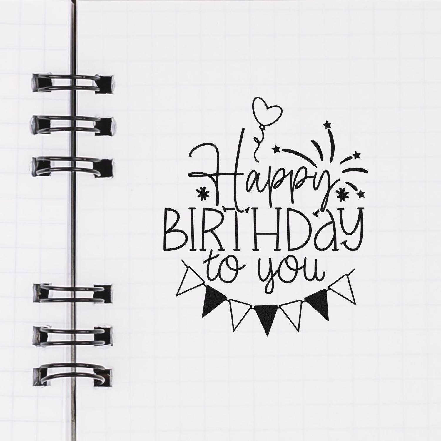 Happy Birthday to You rubber stamp design with balloons and bunting, perfect for planner and birthday card crafts.