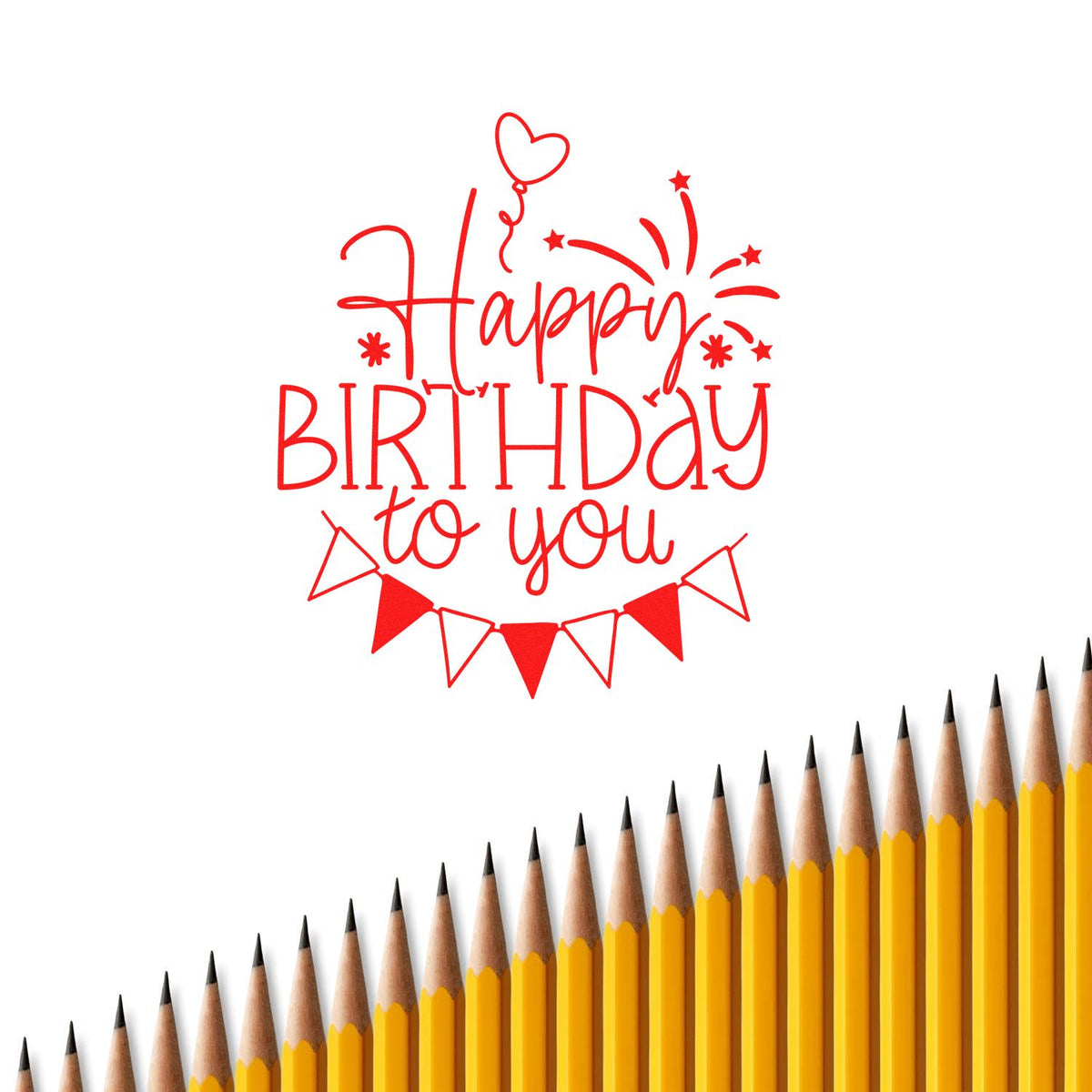 Happy Birthday to You rubber stamp design in red with festive bunting, heart balloon, and fireworks.