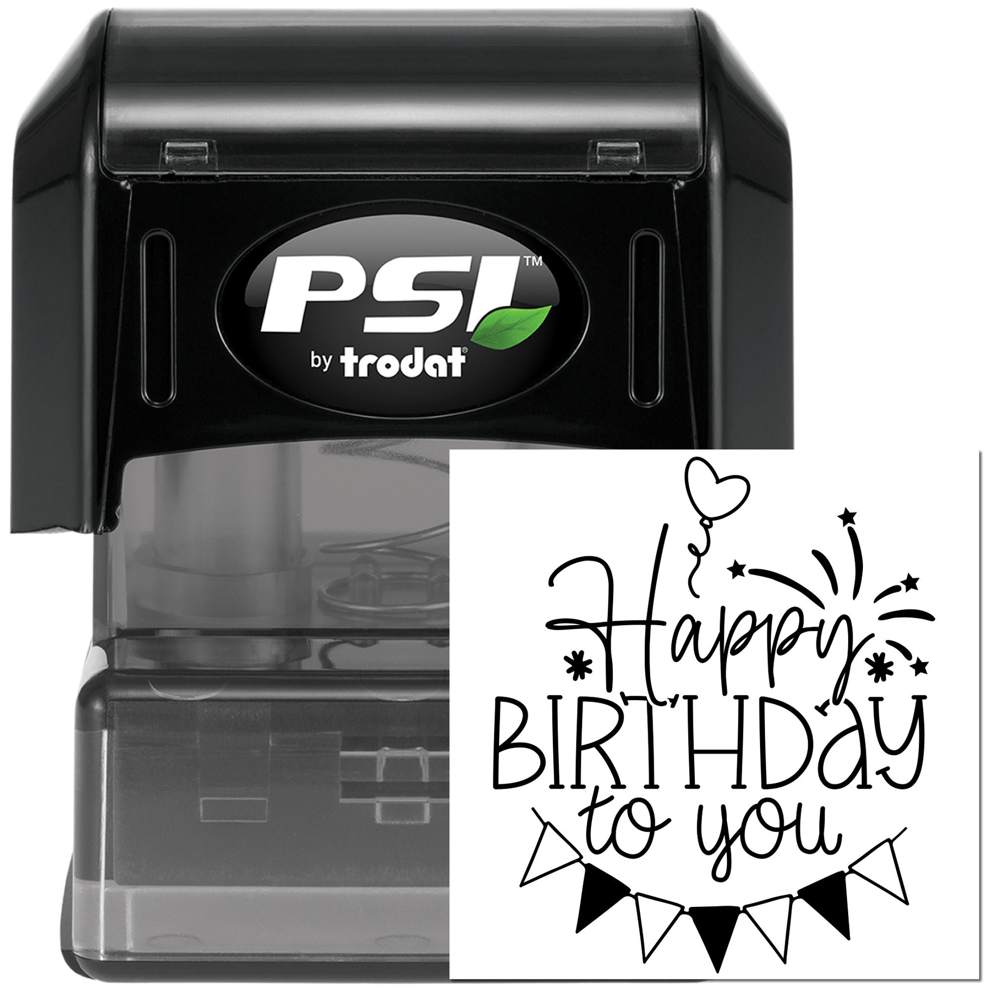 PSI by Trodat self-inking rubber stamp with Happy Birthday to You design for birthday cards, party favors, and packaging.