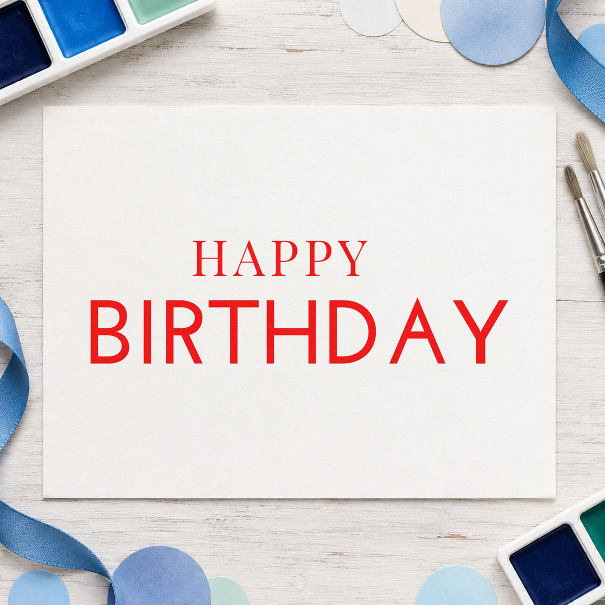 Simple Happy Birthday Capitals rubber stamp shown in red ink, stamped for projects such as shelf serving labels.