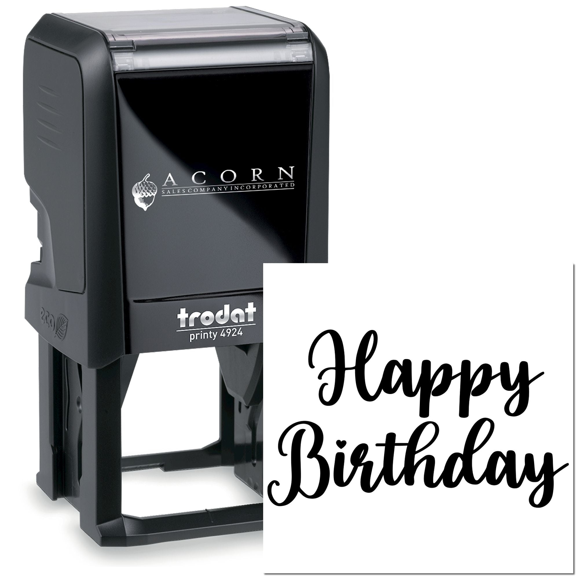 Custom Happy Birthday rubber stamp, Trodat Printy 4924 self-inking stamp for personalized greeting cards and gift packaging.