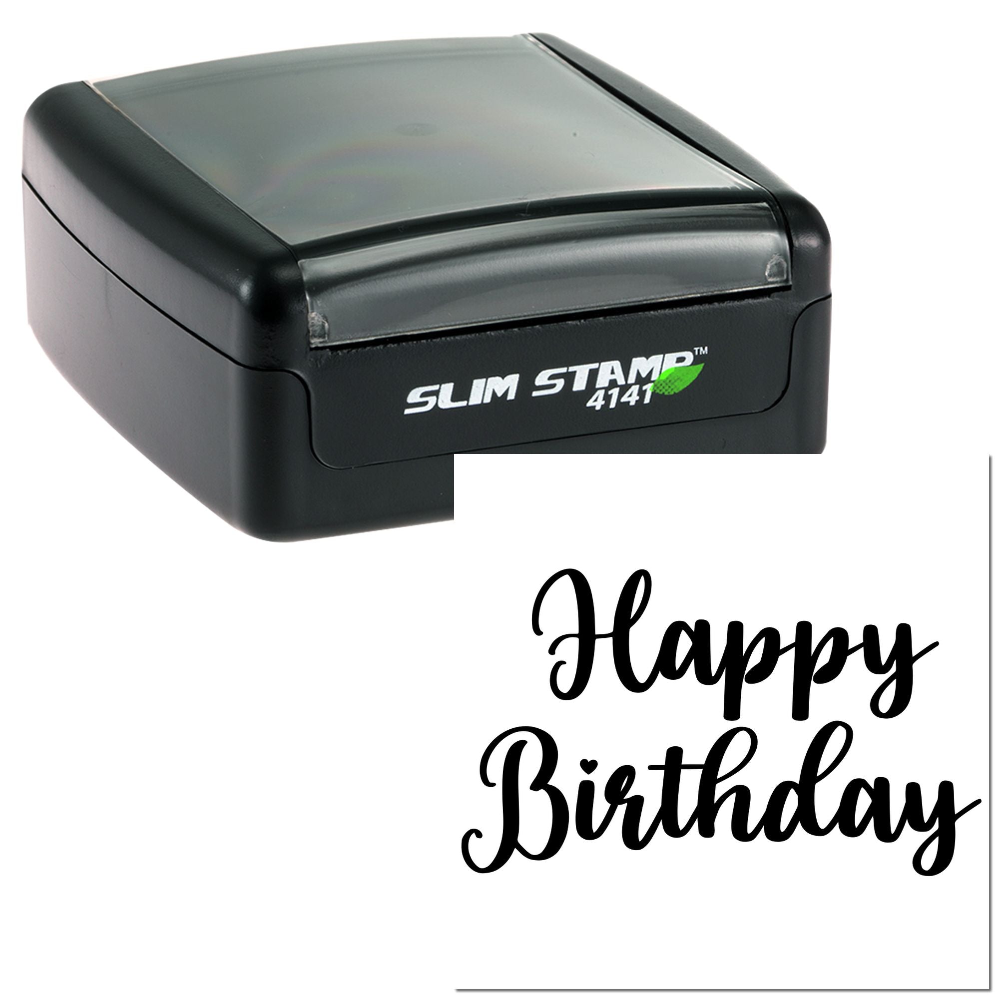 Slim Stamp 4141 self-inking rubber stamp with Happy Birthday imprint for custom birthday cards, gift tags, and packaging.