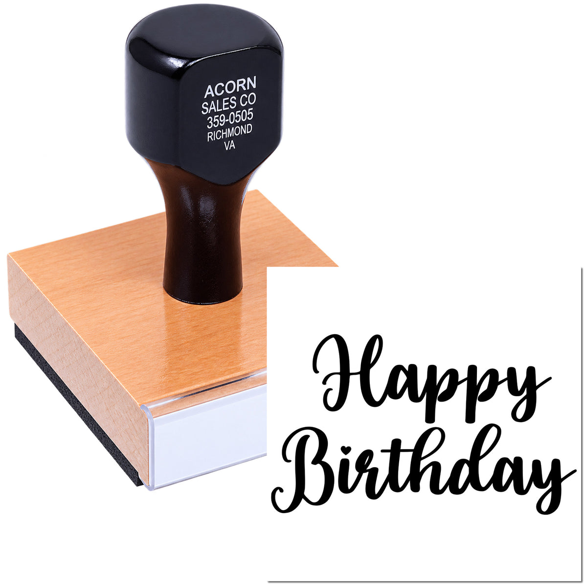 Happy Birthday rubber stamp with custom self-inking design for cards, invitations, and party greetings.