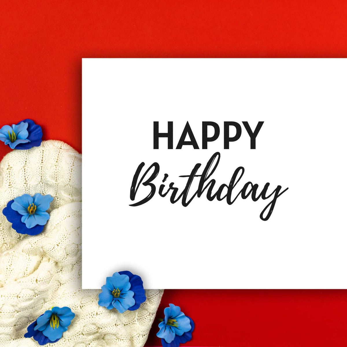 Happy Birthday rubber stamp design mockup for greeting cards, featuring elegant script on a white card with floral accents.