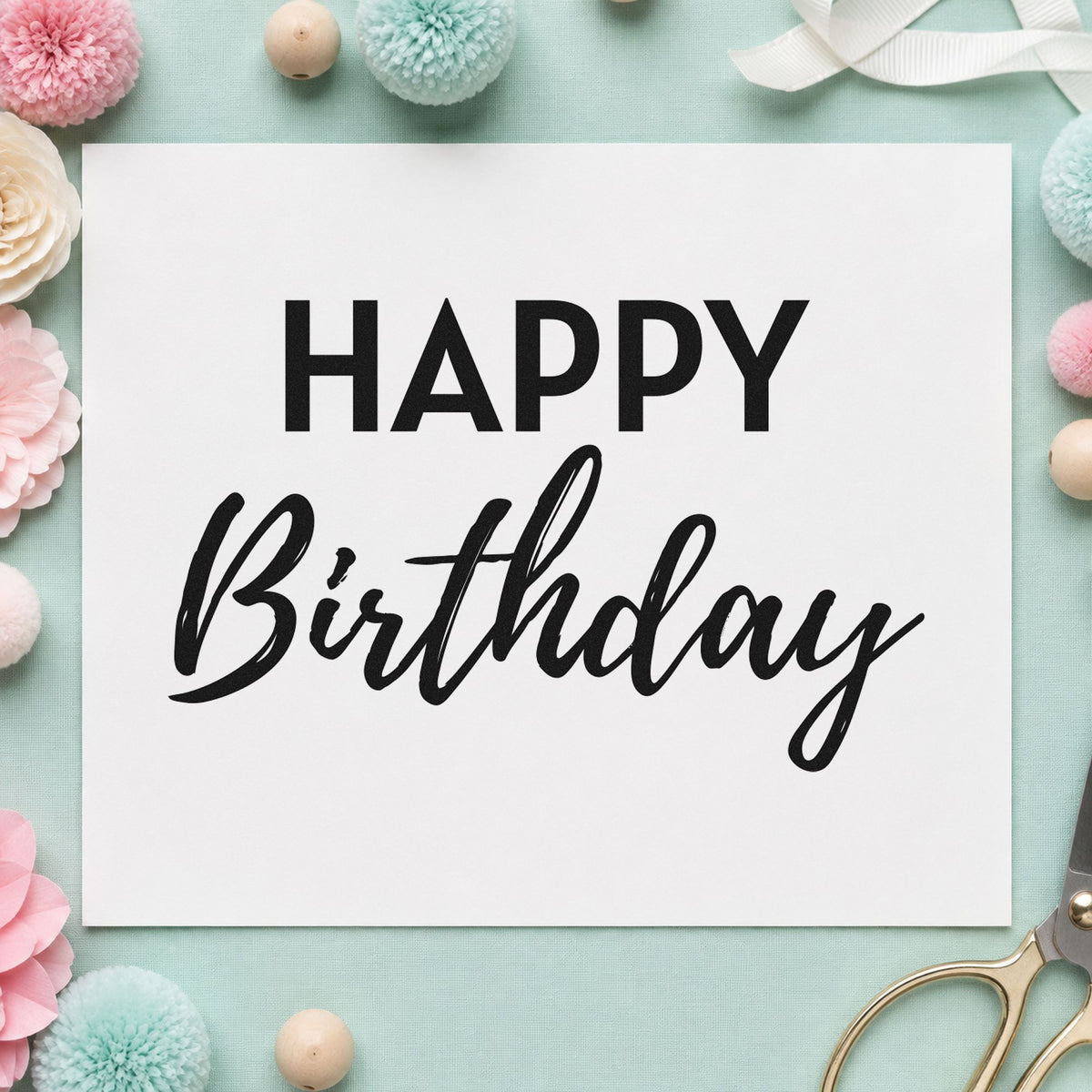 Happy Birthday Bold Contrast Script Lettering Craft Stamp – Self-Inking in use 4