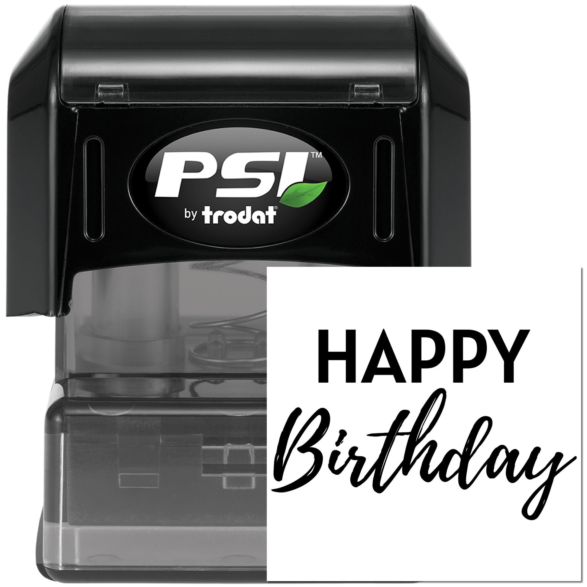 PSI by Trodat self-inking rubber stamp with Happy Birthday imprint for personalized birthday cards, crafts, and party favors.