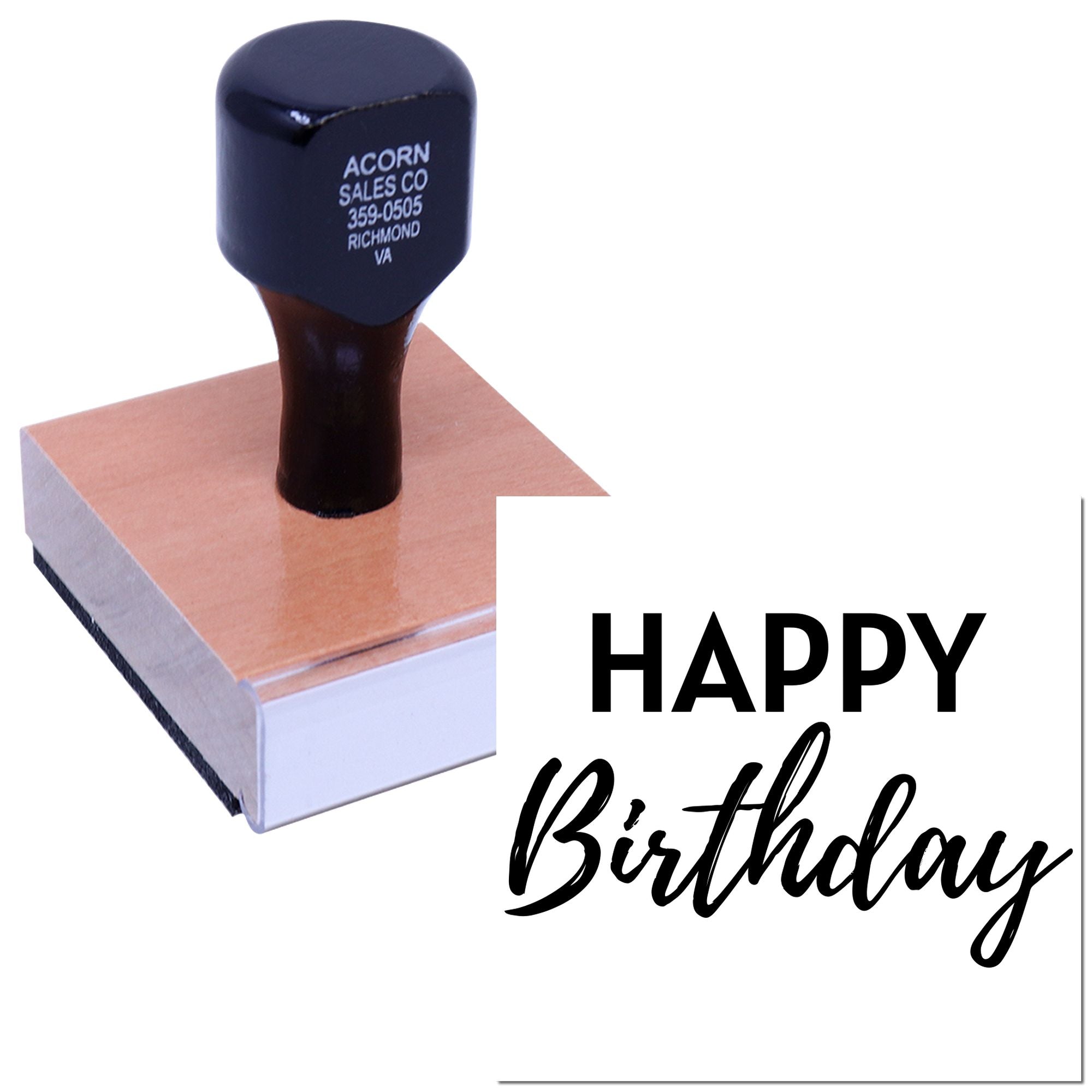 Happy Birthday rubber stamp with custom self-inking handle, ideal for birthday cards, invitations, and gift packaging.