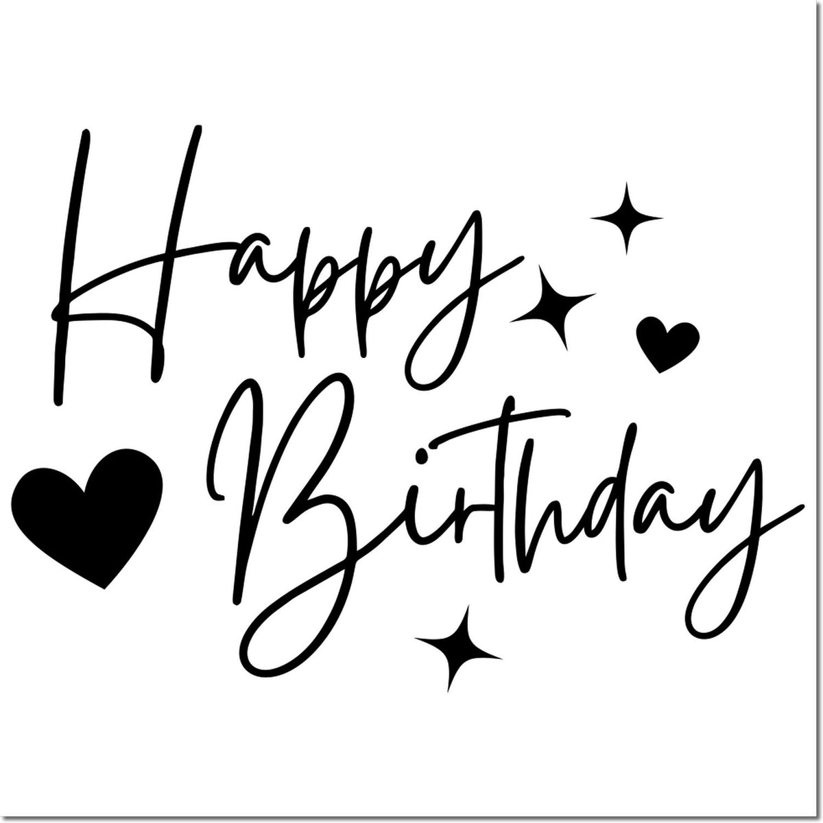 Happy Birthday rubber stamp design with script lettering, hearts, and sparkles for birthday cards, crafts, and party stationery.