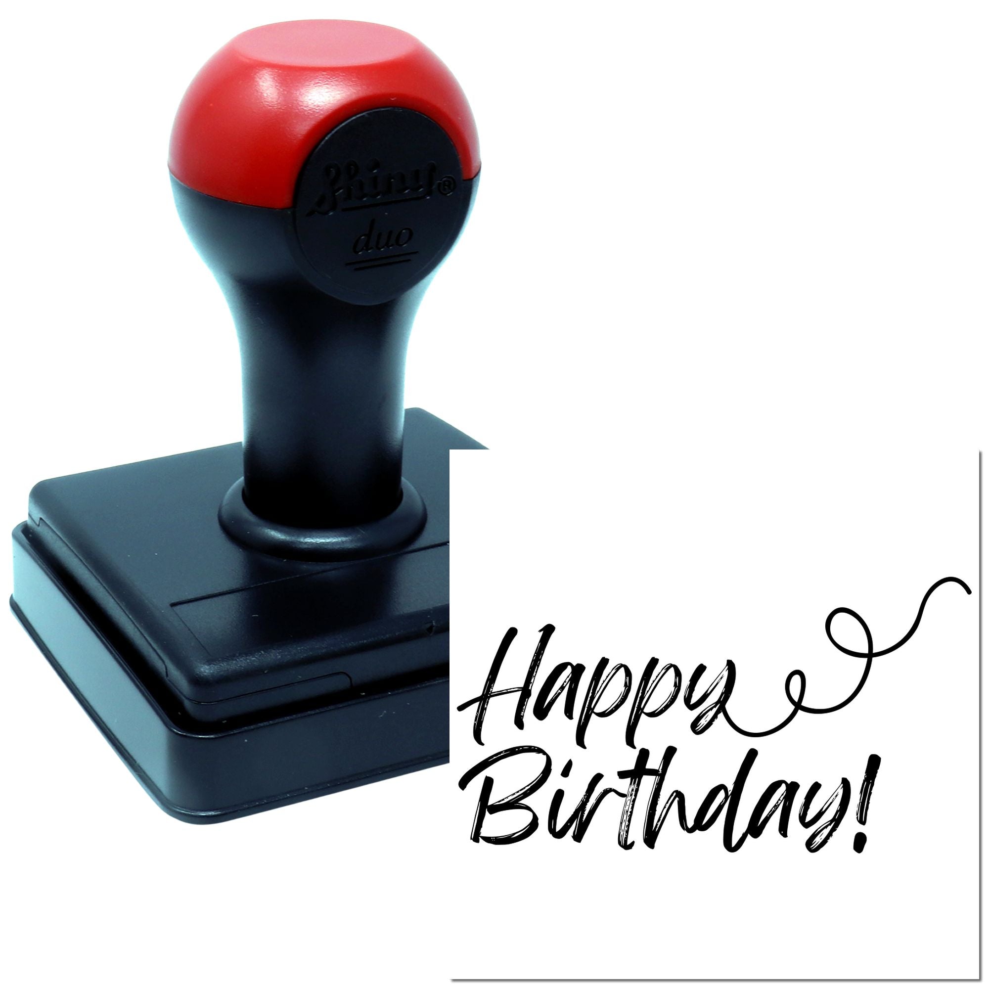 Self-inking rubber stamp with Happy Birthday! imprint for custom cards, invitations, and gift packaging.