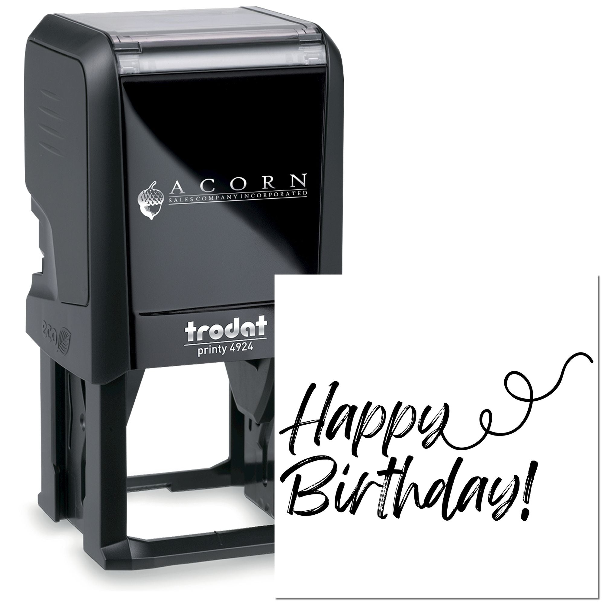 Custom Trodat Printy 4924 self-inking rubber stamp with Happy Birthday! design and company logo for branded celebrations