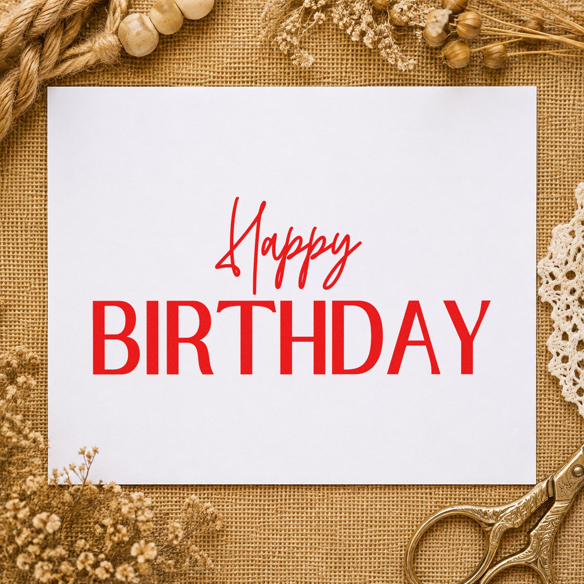 Happy Birthday Narrow Capitals rubber stamp shown in red ink, stamped for projects such as bin bookmark labels.