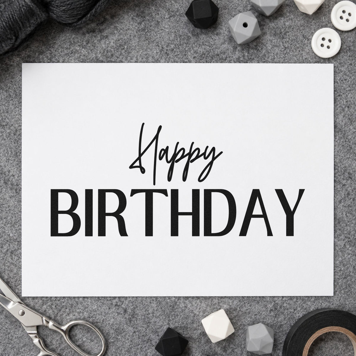 Happy Birthday Narrow Capitals rubber stamp printed in black ink, ready for tall narrow cards and similar paper crafts.