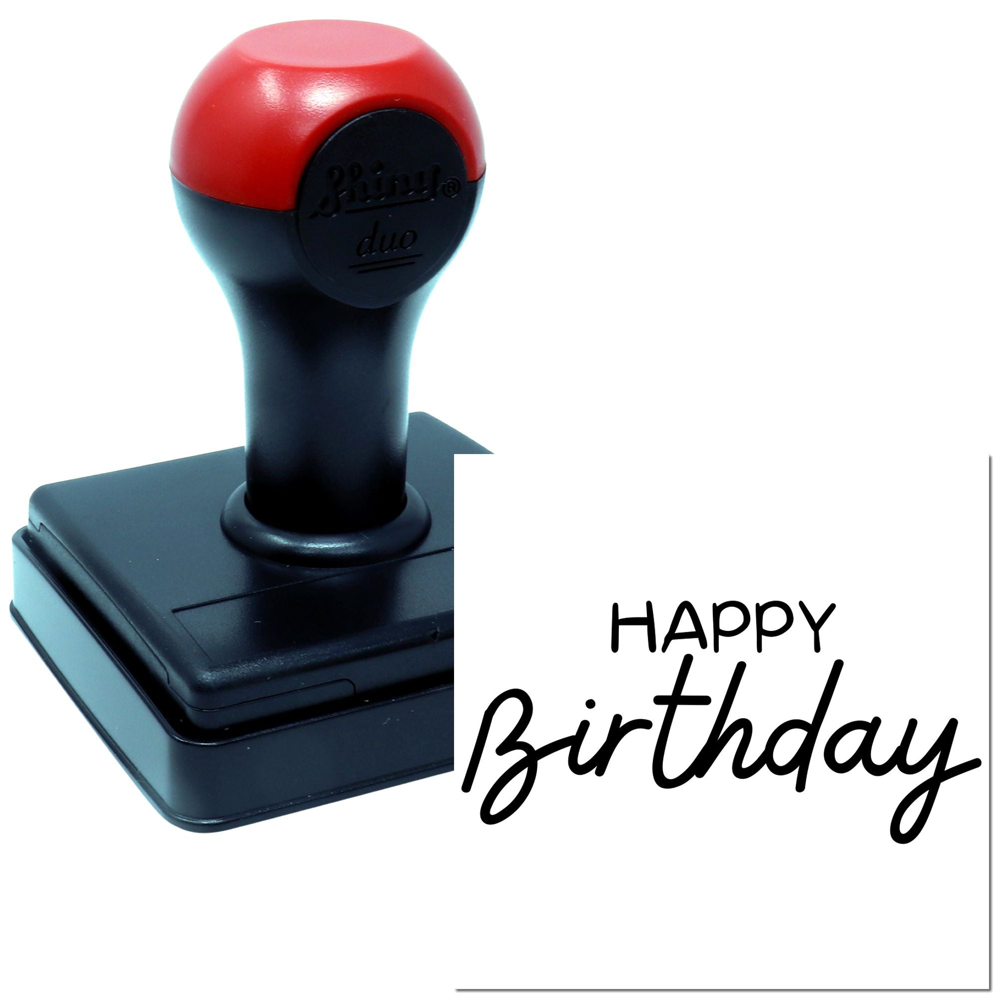 Self-inking rubber stamp imprinting Happy Birthday for personalized birthday cards, invitations, and party packaging.