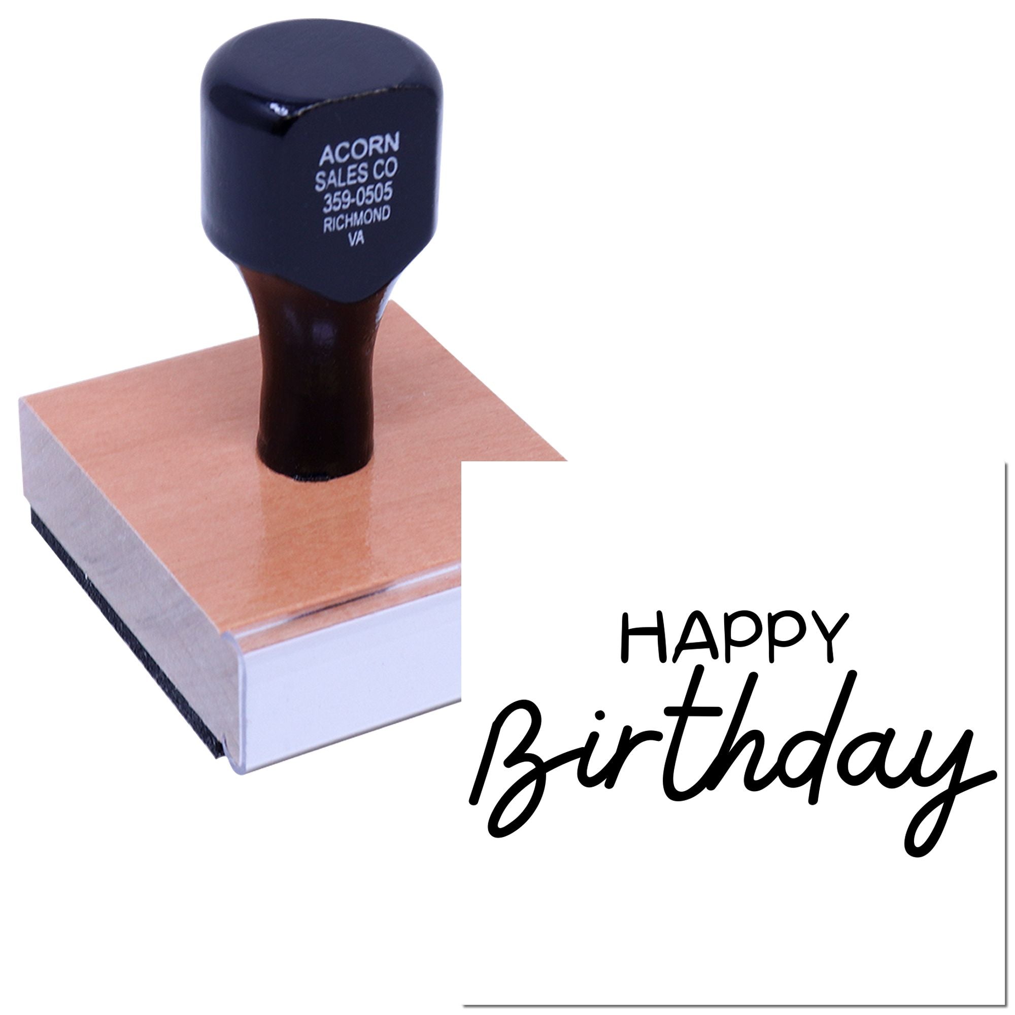 Custom rubber stamp with Happy Birthday message for cards, invitations, and party crafts.