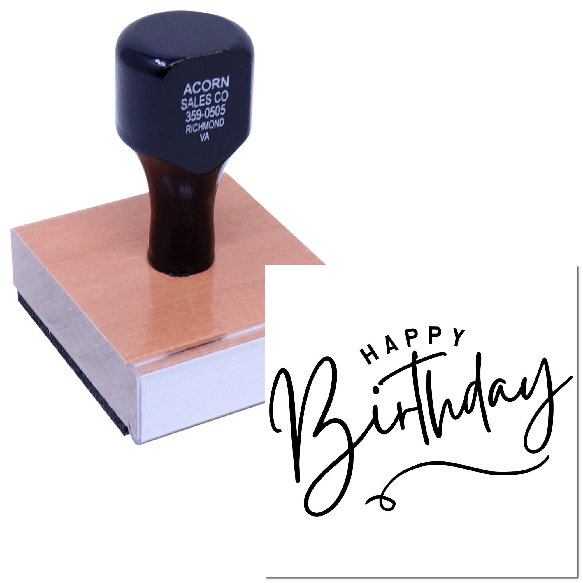 Custom Happy Birthday rubber stamp for cards, invitations and crafts, shown with a bold black stamped impression.