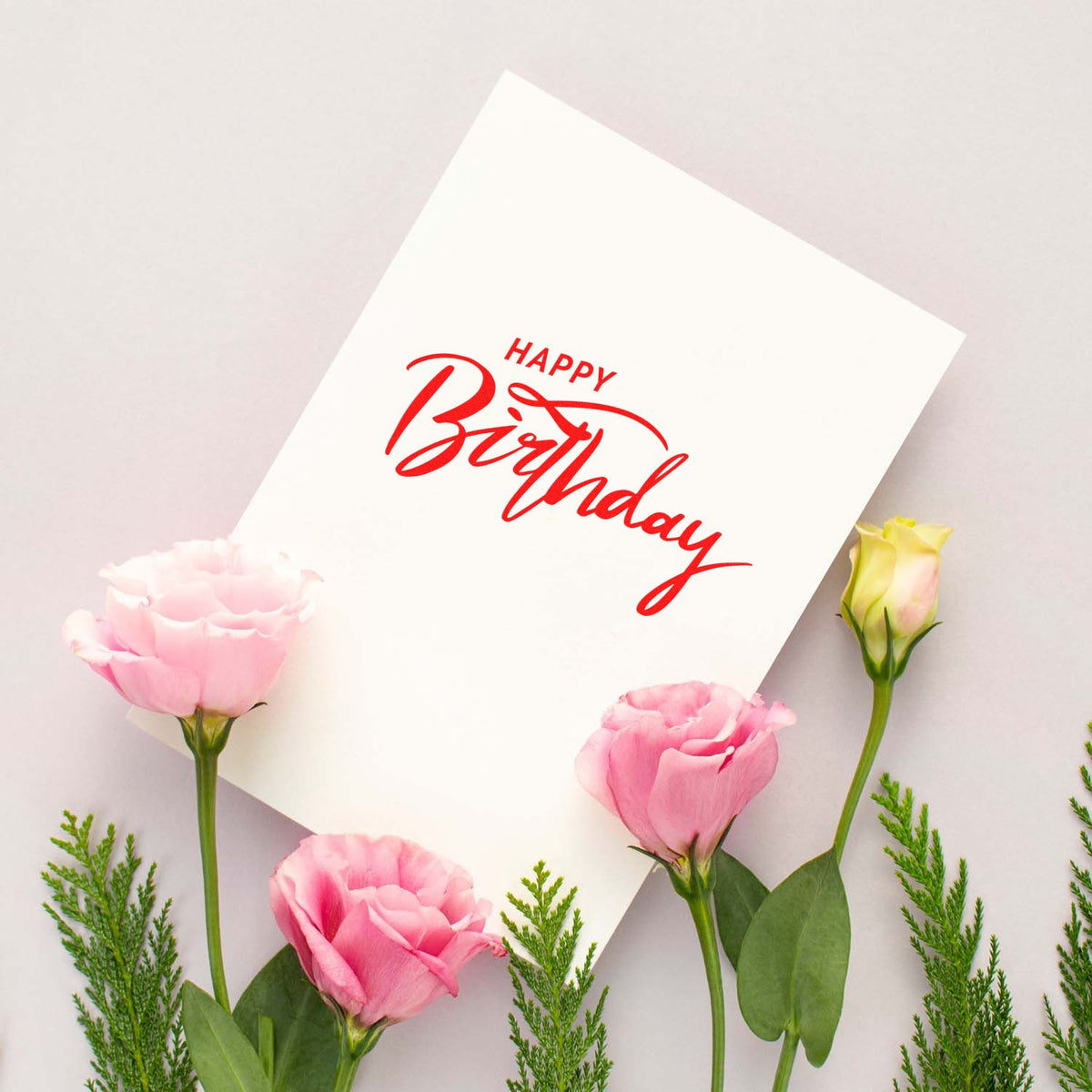 Happy Birthday calligraphy rubber stamp design with flowers for custom birthday cards and stationery