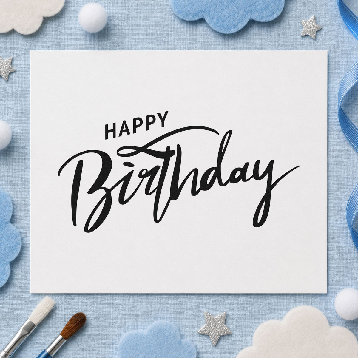 Wood Handle Happy Birthday Brush Flourished Lettering Rubber Stamp in use 3
