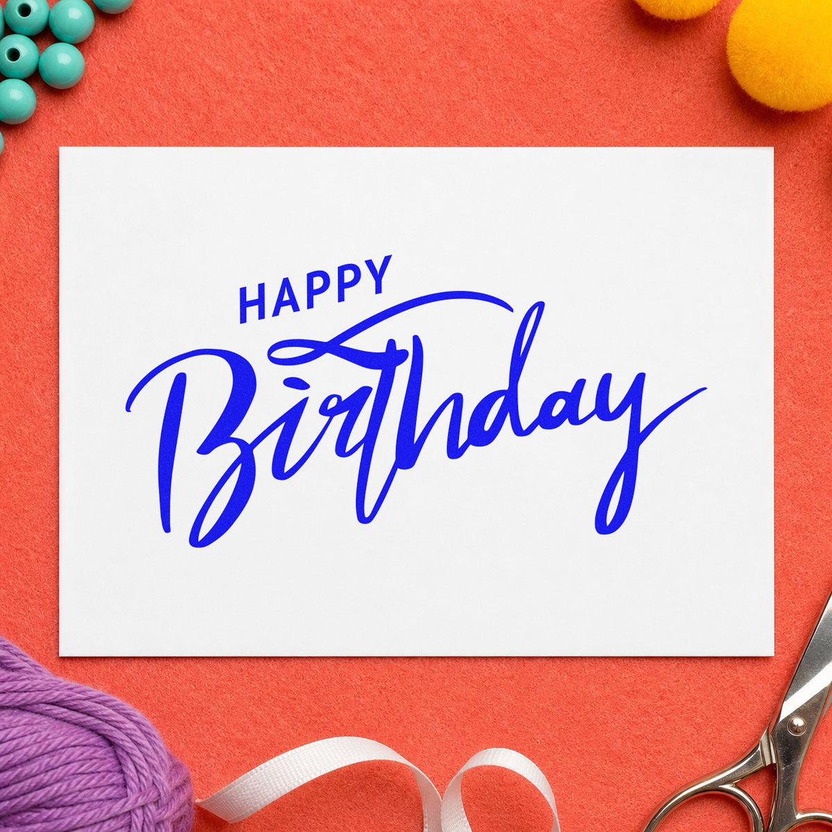Wood Handle Happy Birthday Brush Flourished Lettering Rubber Stamp in use 6