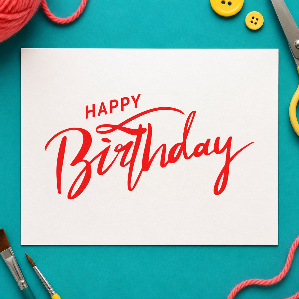 Wood Handle Happy Birthday Brush Flourished Lettering Rubber Stamp in use 7