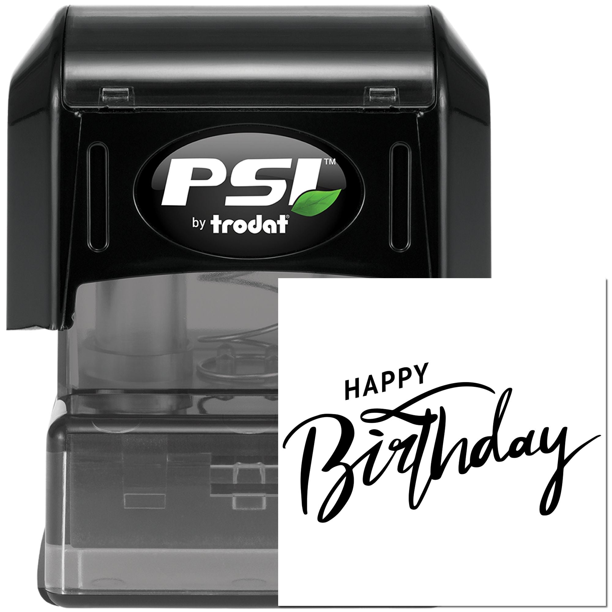 PSI by Trodat self-inking rubber stamp with Happy Birthday script imprint for custom birthday cards and party invitations.