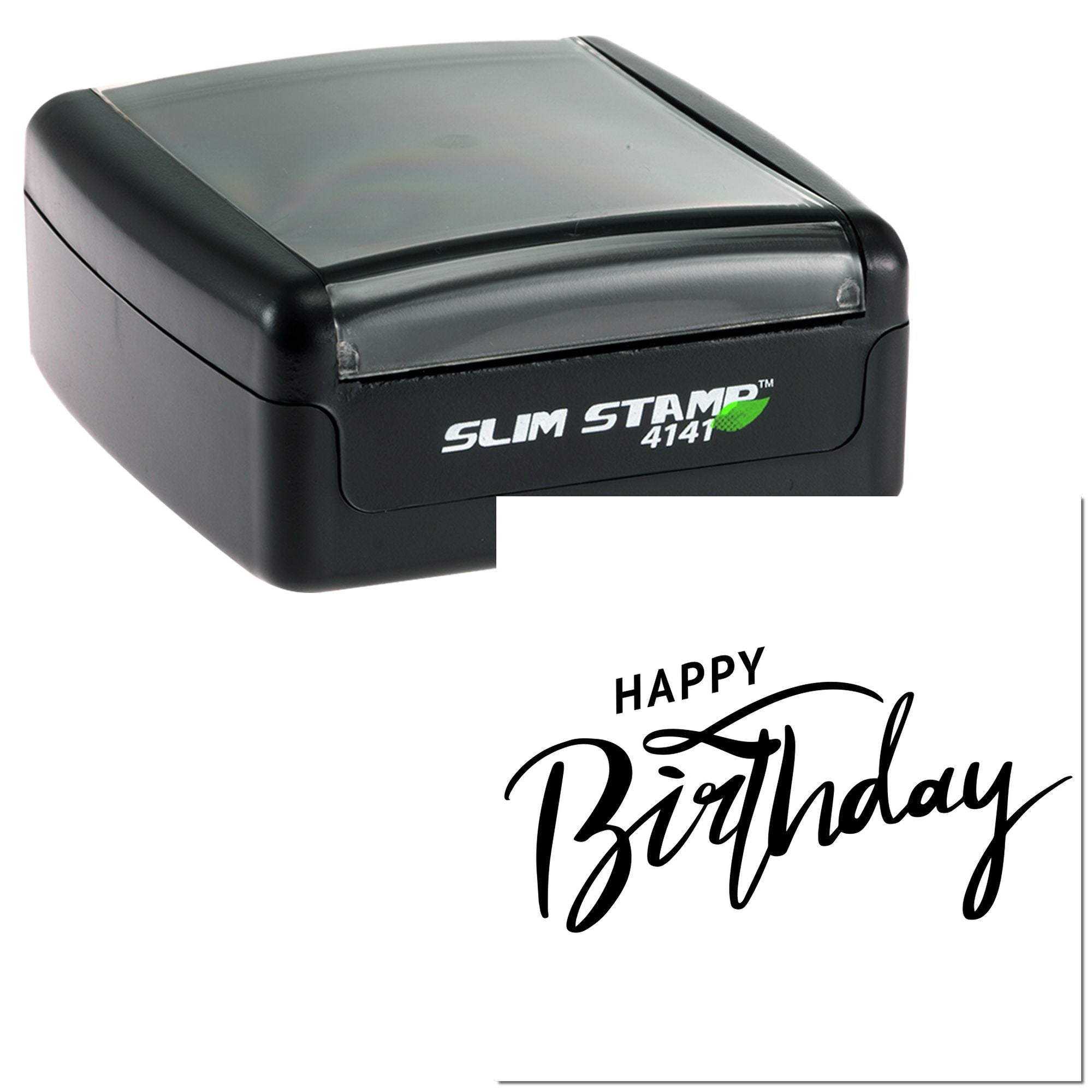 Happy Birthday self-inking rubber stamp with slim black case for custom greeting cards and party packaging.