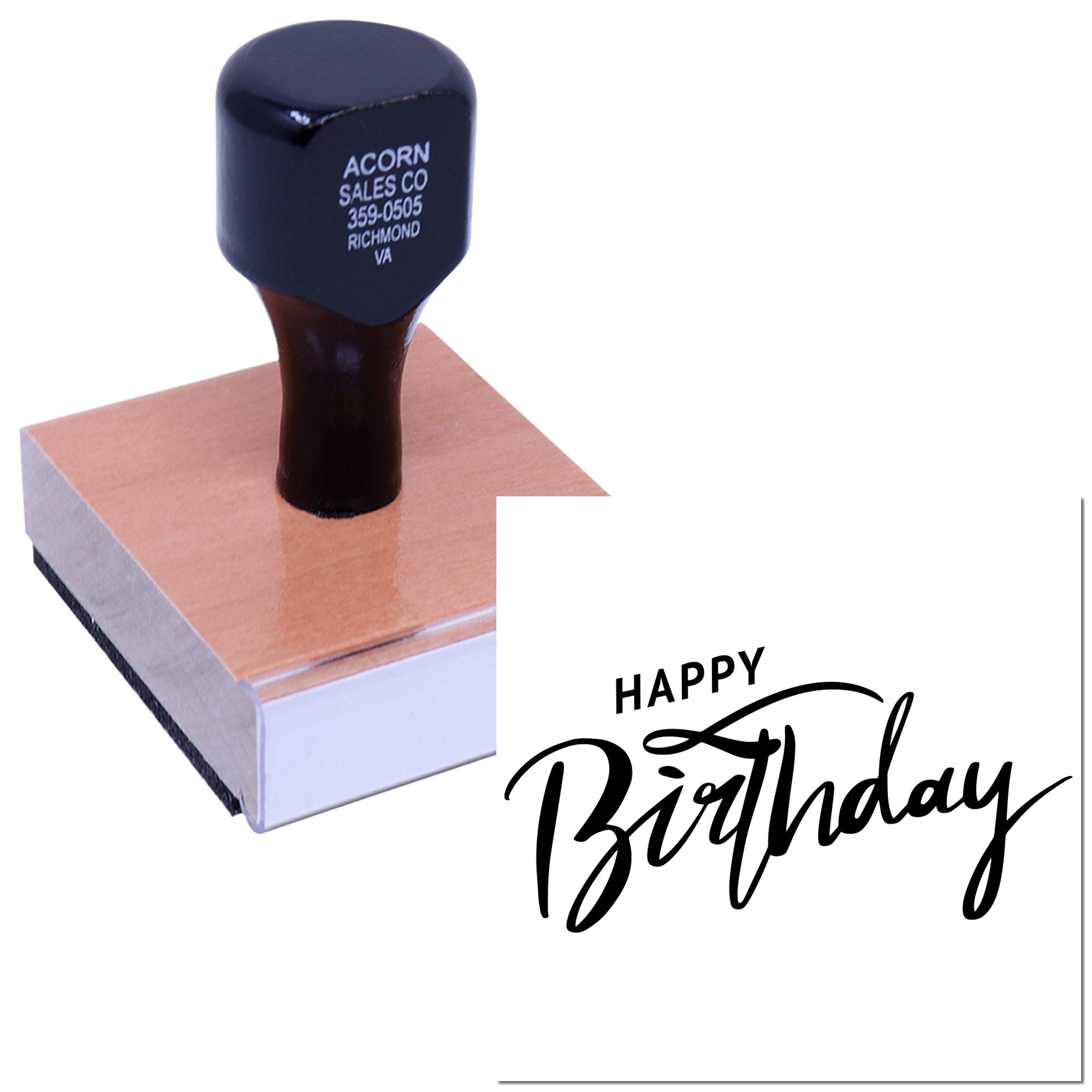 Custom Happy Birthday rubber stamp for cards, crafts, and personalized birthday stationery.