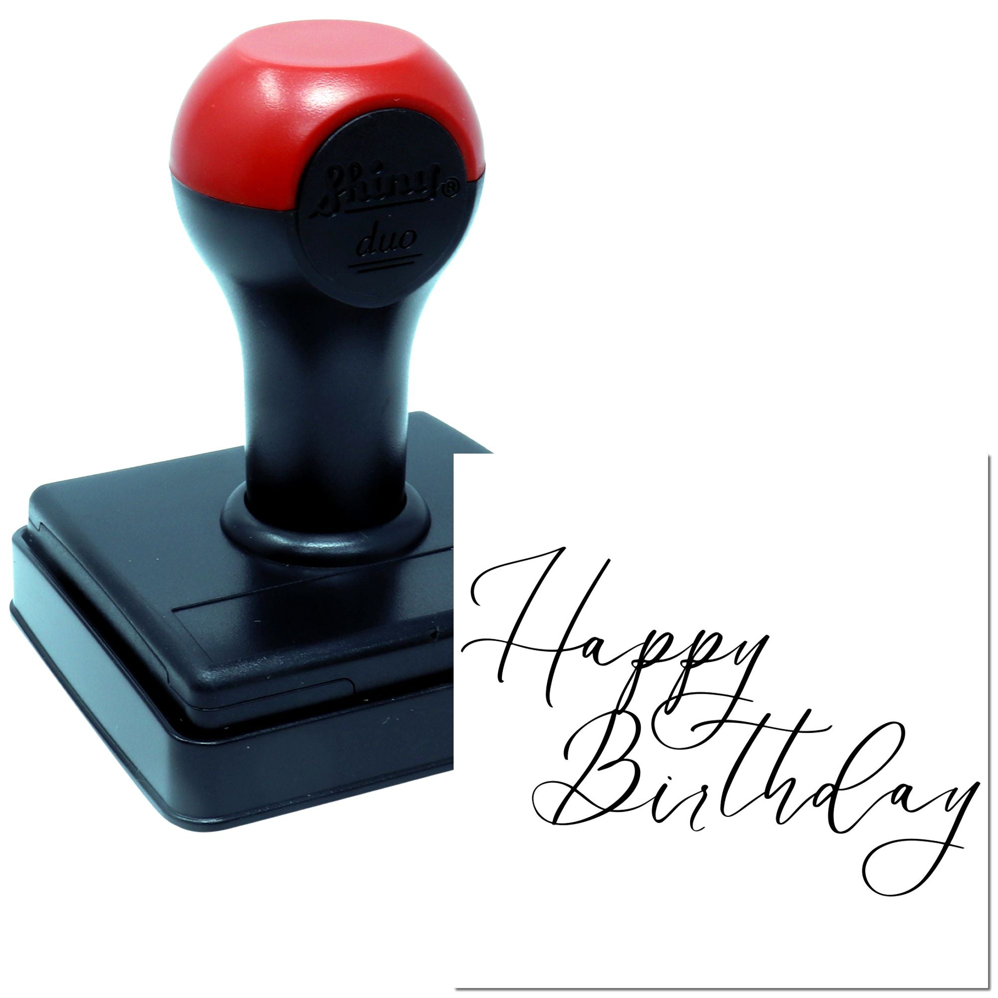 Self-inking Happy Birthday rubber stamp for personalized greeting cards and birthday party invitations.