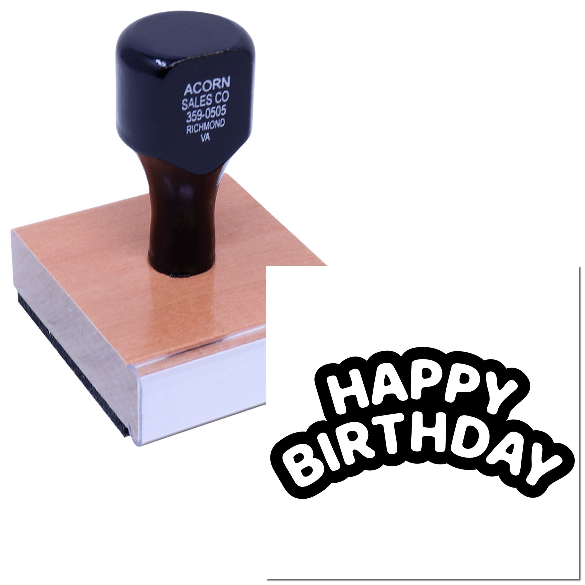 Custom rubber stamp with Happy Birthday design for cards, invitations, and party favors.