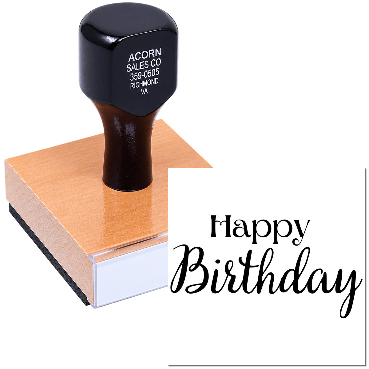 Custom Happy Birthday rubber stamp with wood handle and personalized logo imprint for greeting cards and packaging.