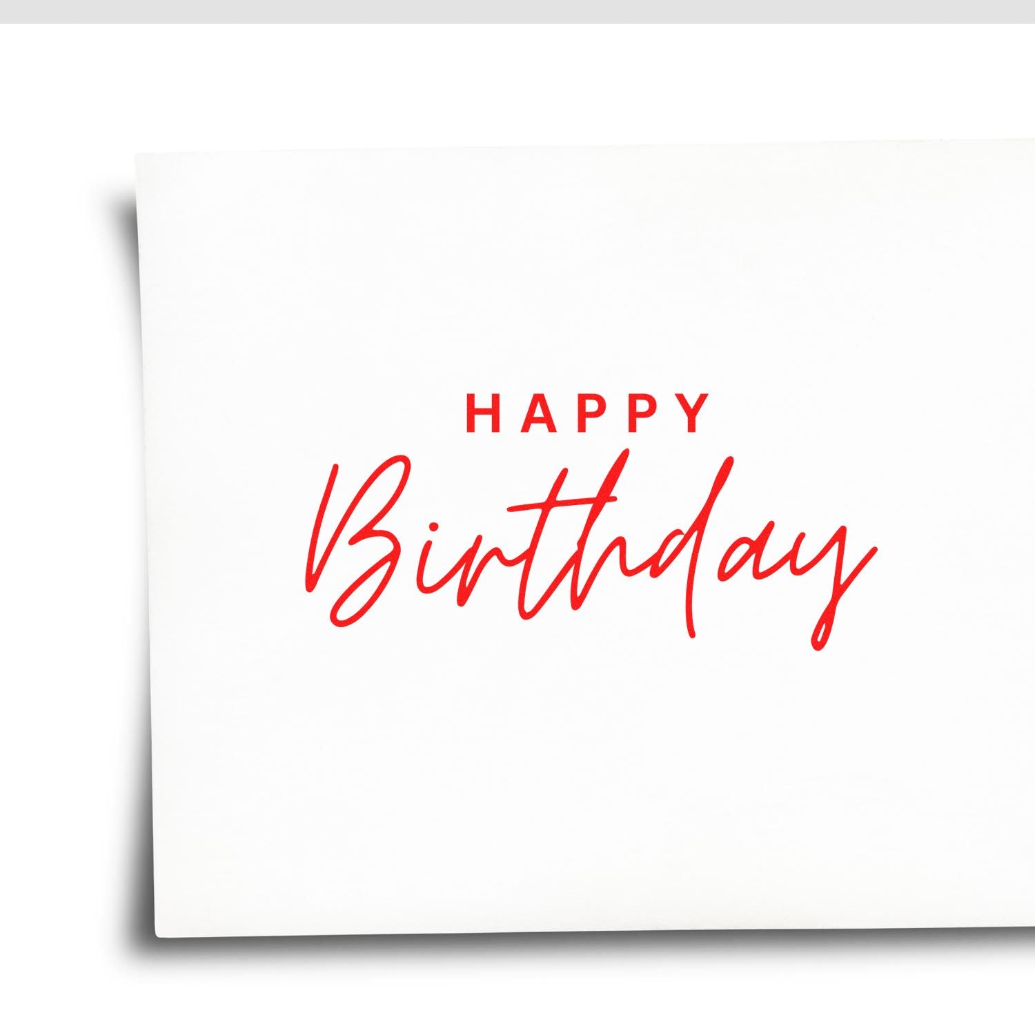 Happy Birthday rubber stamp design in red script for greeting cards, scrapbook pages, and handmade party invitations.