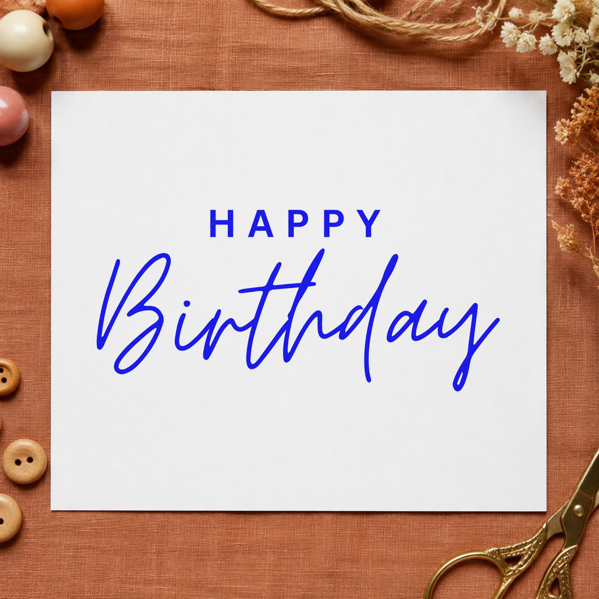 Happy Birthday Spaced Capitals craft stamp imprinted in blue ink on paper, a design suited to framed club office.