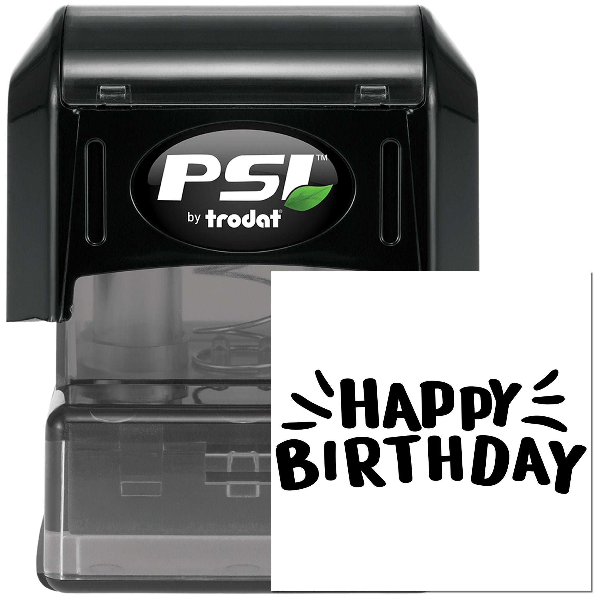 PSI by Trodat self-inking rubber stamp with Happy Birthday imprint for custom birthday cards and party stationery.