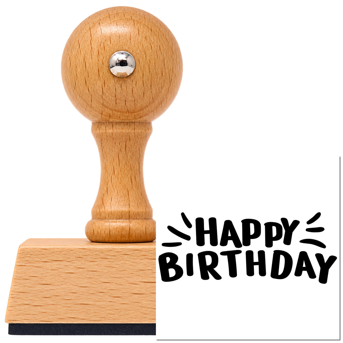 Happy Birthday Radiating Strokes Vintage Pro rubber stamp in European beech wood with a round knob handle, shown beside its black imprint.