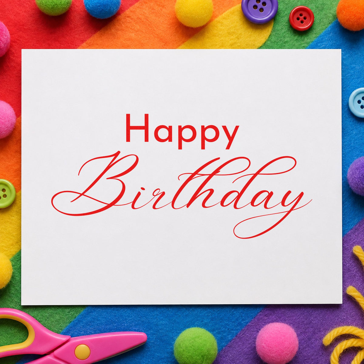 Happy Birthday Fine Calligraphy rubber stamp shown in red ink, stamped for projects such as drawer blank labels.
