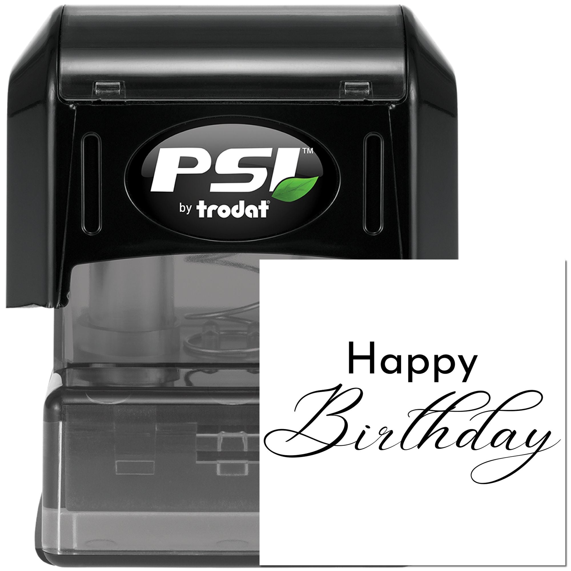 PSI by Trodat self-inking rubber stamp with Happy Birthday imprint, ideal for custom birthday cards and office use.