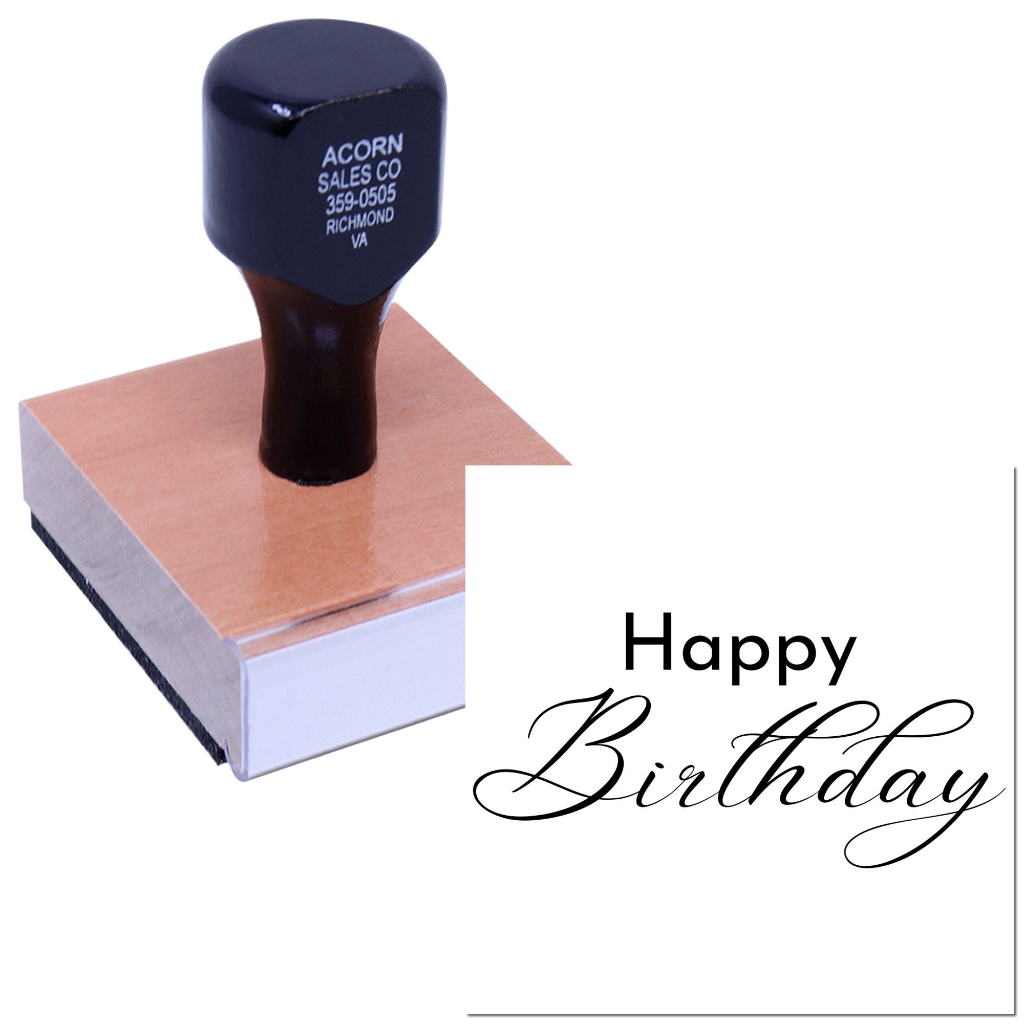 Custom Happy Birthday greeting rubber stamp with matching imprint and stamp handle on white background.